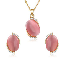 Latest Design Zircon Pink Opal Necklace Earrings Jewelry Set